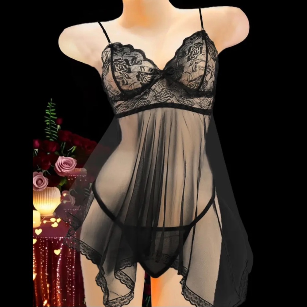 Black, Floral Lace, Sheer, Lingerie Slip - Picture 3 of 7